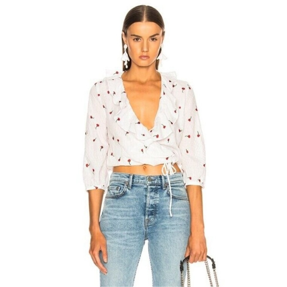 RIXO Sofia White Red Embroidered Wrap Waist Tie Blouse Top Boho Ruffle Size XS